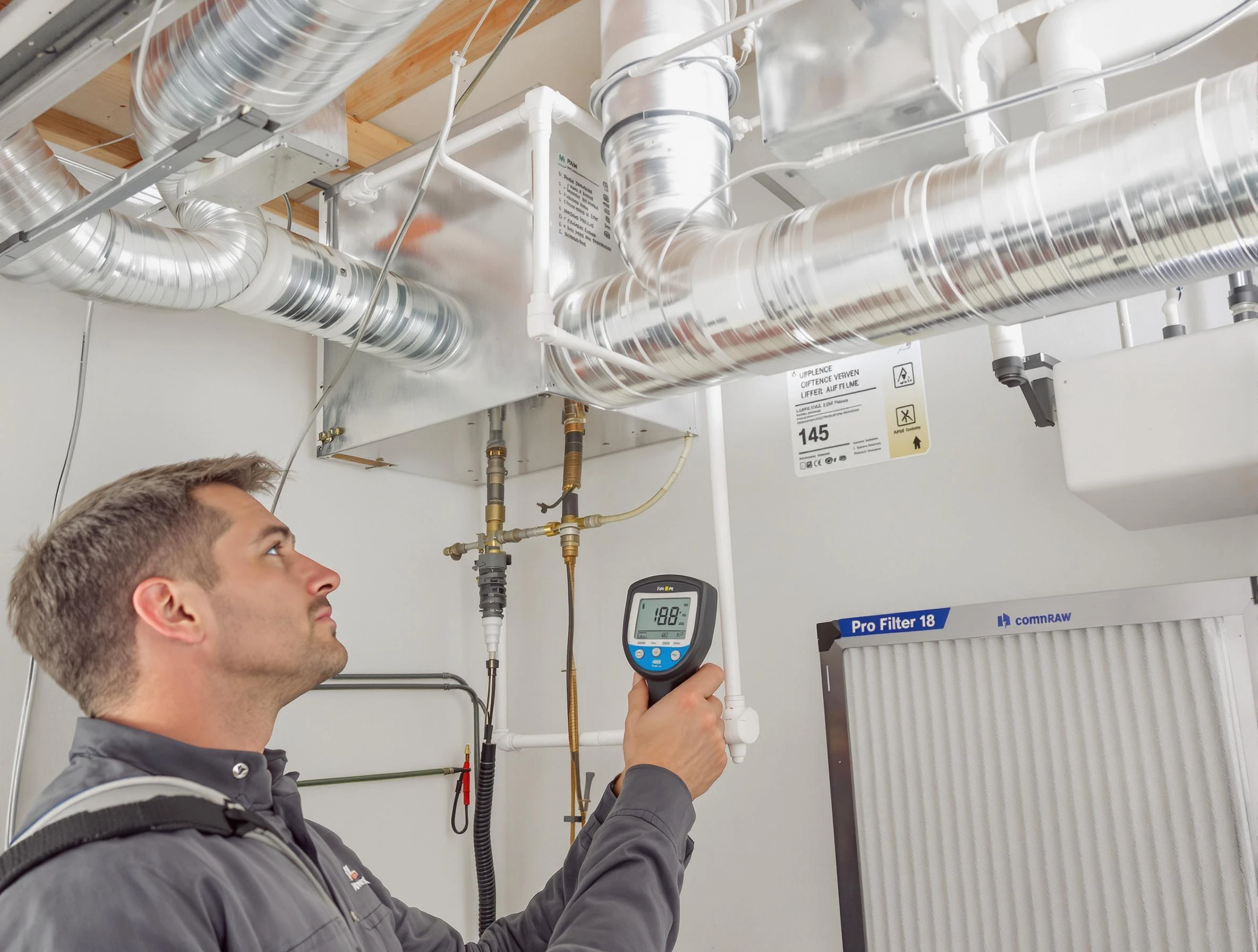 Acton Air Duct Cleaning expert conducting detailed filter system inspection using diagnostic tools in Acton