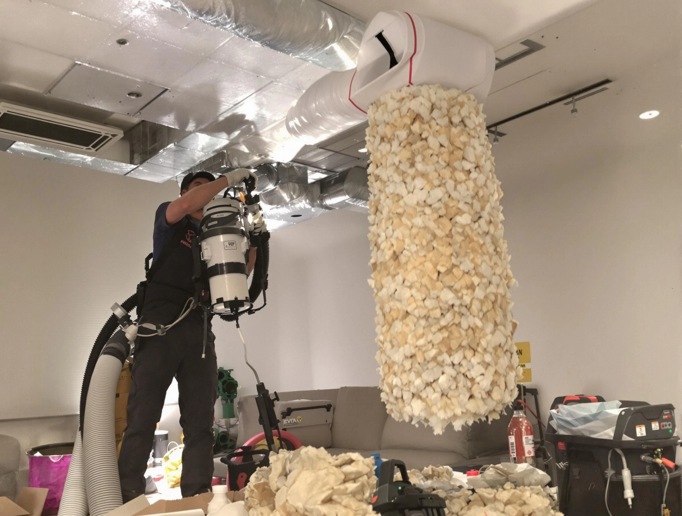 Acton Air Duct Cleaning technician performing precision vacuum insulation removal in a residential property in Acton