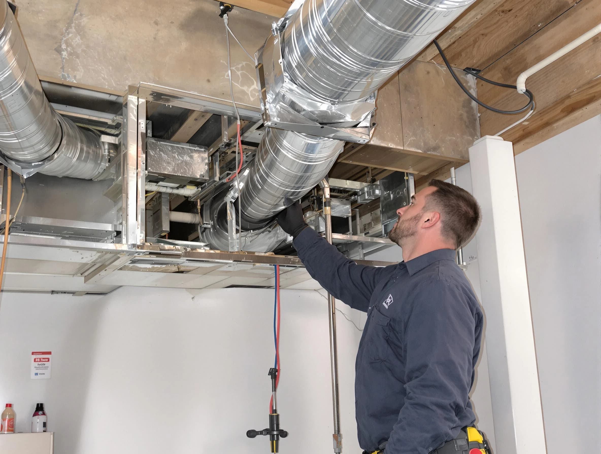 Acton Air Duct Cleaning technician performing professional air duct repair using specialized tools in Acton