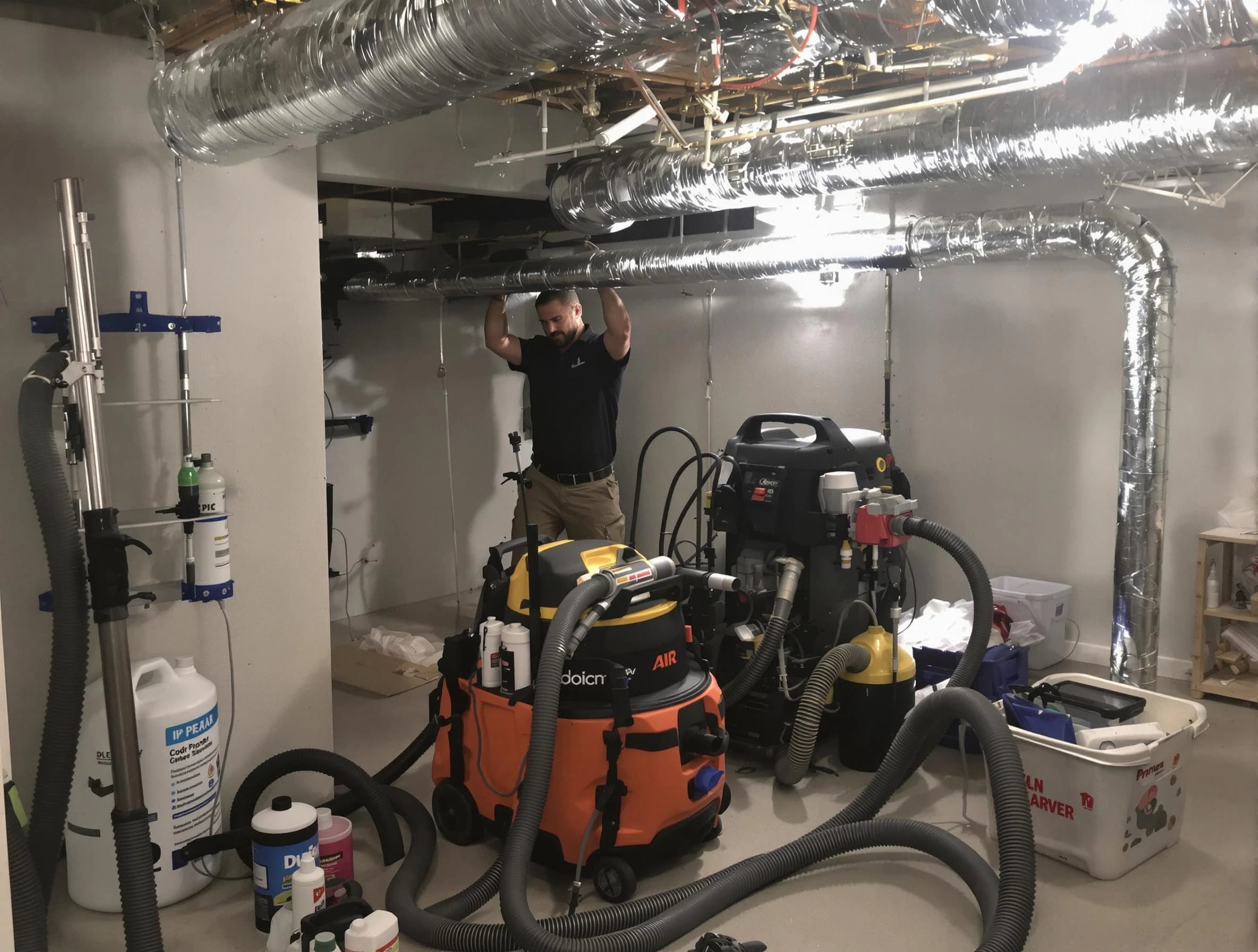 Acton Air Duct Cleaning specialist performing professional mold removal from air ducts using safety equipment in Acton